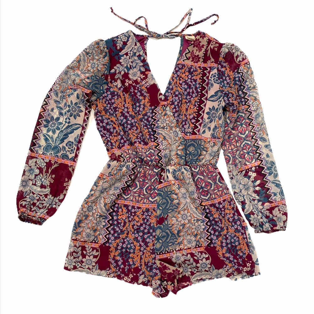 Pink Owl boho long sleeve short floral patchwork printed romper